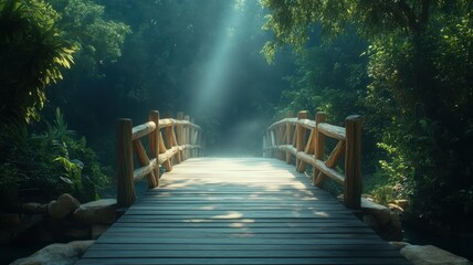 Fototapeta premium Tranquil wooden bridge journey through lush rainforest nature scene serene environment captured from above