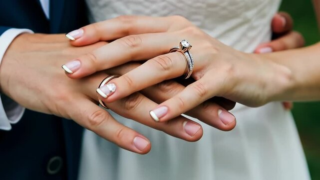 Wedding rings, hands and love with marriage, ceremony and couple in matrimony. Bridal, engagement and relationship with bride, groom and commitment for romantic event