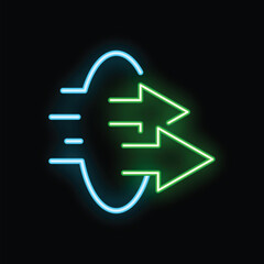 Neon sign representing data transfer with two green arrows going through a blue circle on a black background