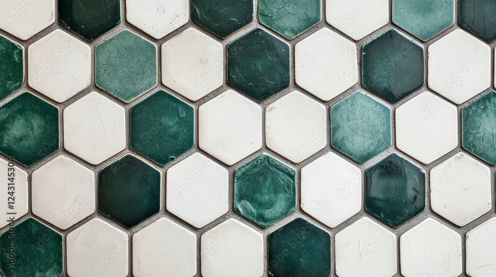 Poster The wall showcases an intricate pattern of hexagonal tiles, blending deep greens and soft whites, creating a stunning visual experience. The surface reflects a sense of craftsmanship and design