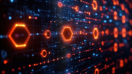 Obraz premium Abstract digital background featuring glowing hexagons and interconnected lines in vibrant colors