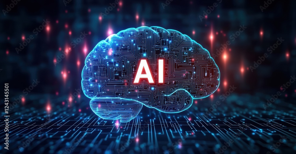 Poster Artificial intelligence concept showing glowing brain with AI lettering on digital background