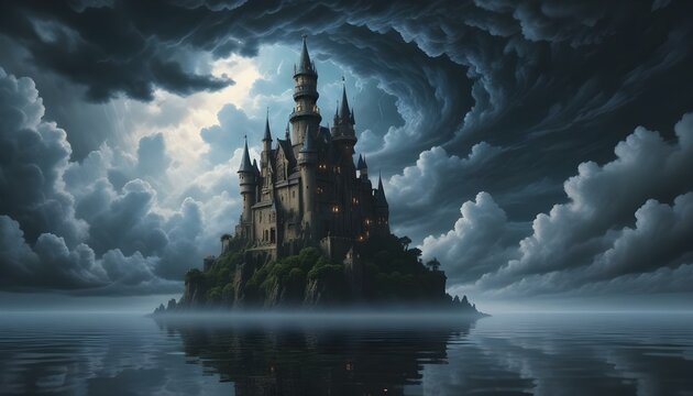 Un castillo celestial aventurero, con pasajes secretos pixelados, un foso pixelado y una torre de mago pixelada, flotando en un cielo pixelado din&aacute;mico con nubes de p&iacute;xeles en movimiento