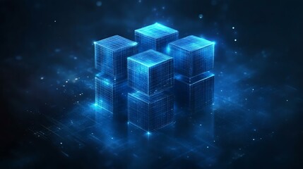 Futuristic digital cubes illuminated with blue light, representing technology and innovation in a virtual space environment.