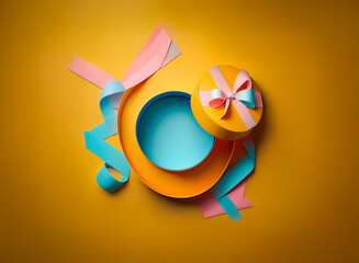 Obraz premium A yellow gift box with a pink bow is open on a vibrant yellow background. Colorful pink and blue ribbons are swirling around the box creating a festive scene.
