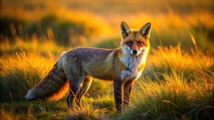 Golden hour captures a majestic red fox, sunset hues painting a breathtaking aerial wildlife portrait.