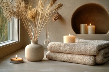 Spa setup with towels candles and a potted plant