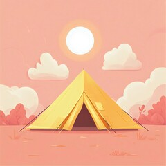 A bright yellow tent under a sunny sky, surrounded by soft clouds and distant trees, evoking a serene camping atmosphere.