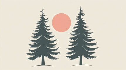 Obraz premium Stylized illustration of two evergreen trees with a minimalistic sun in the background, evoking tranquility and nature.