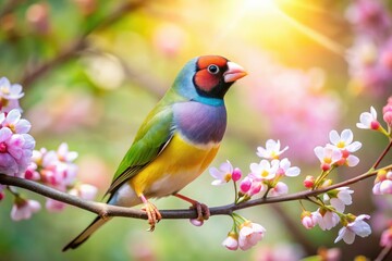 Fototapeta premium Gouldian finches, vibrant against pink blossoms, blurred by long exposure.