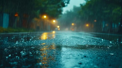 A serene rainy street scene with reflections on wet pavement, glowing streetlights, and soft mist. Perfect for mood and atmosphere.