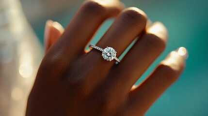 A stunning close-up of a hand wearing an elegant diamond engagement ring, capturing the beauty and sparkle of the jewelry against a soft background.