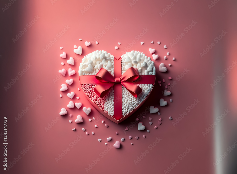 Poster Heart-shaped gift box tied with a red ribbon and decorated with small candy hearts, resting on a pink background. Sweet and romantic theme.