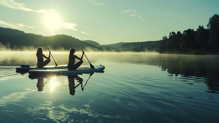 Two friends sharing a paddleboard yoga session on a calm lake, with early morning mist rising from the water.