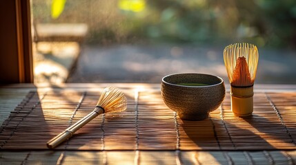 Japanese tea ceremony setup with matcha bowl and bamboo whisk, soft lighting.