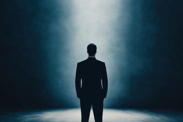 Obraz premium A silhouette of a businessman standing confidently under a spotlight, representing ambition, leadership, and success.