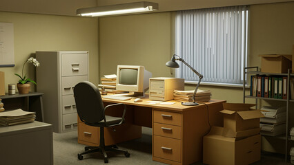 Functional early 2000s office space featuring basic furniture and outdated technology