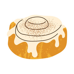 Isolated cinnamon roll with glaze in flat style on white background. Grunge texture effect. Template for decoration bakery or menu design. Vector illustration