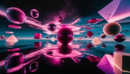 Neon Geometric Universe: Glowing Spheres and Pyramids Reflecting in a Surreal Digital Landscape