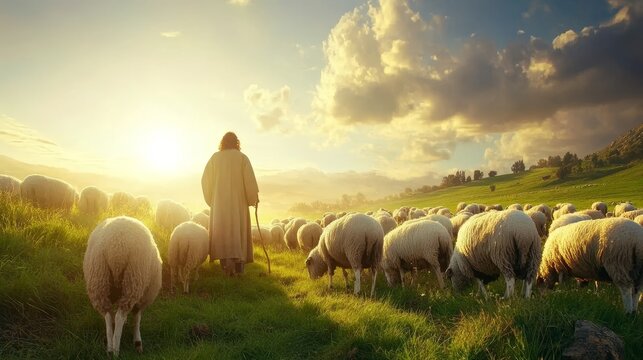 The lord is my shepherd  a serene flock at peace in god s care amidst lush fields and hills