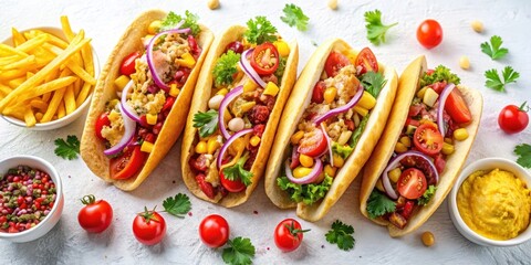 Savory Corn and Bean Tacos with Scrambled Eggs, Red Onion, and French Fries