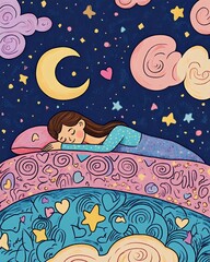 A serene illustration of a young girl peacefully sleeping with whimsical clouds, stars, and a crescent moon in a dreamy night sky.