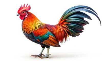 Fototapeta premium High-resolution image of a Red Junglefowl, Gallus gallus, isolated on white, showcasing its wild beauty.