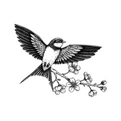 Swallow bird sketch, cherry blossom hand-drawn vector illustration. Sakura flowers drawing. Spring design. NOT AI generated.