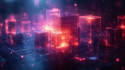 Futuristic digital cityscape with glowing wireframe buildings and vibrant colors. Perfect for technology and innovation themes.