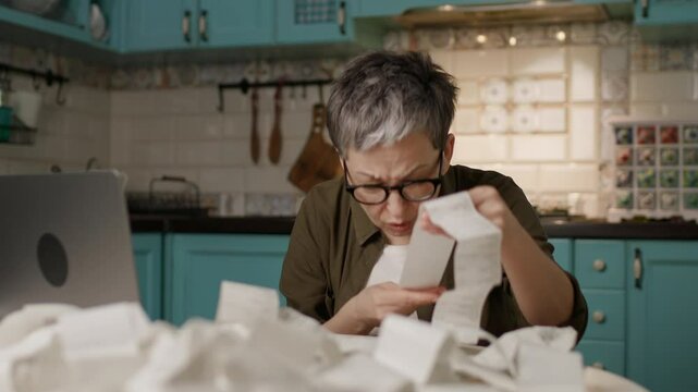A mature woman reviews receipts while managing home finances at her table. Perfect for themes of budgeting, financial planning, and household expenses
