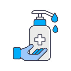 Obraz premium Hand Sanitizer Icon with blue droplets in a clean background