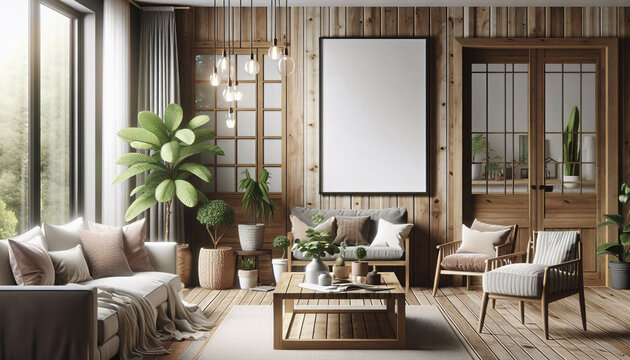 Eleganter Wohnraum mit Sitzm&ouml;bel und einem Blanko-Wandbild, mock-up, Vorlage f&uuml;r Raumbilder mit Poster oder Leinwandbilder
