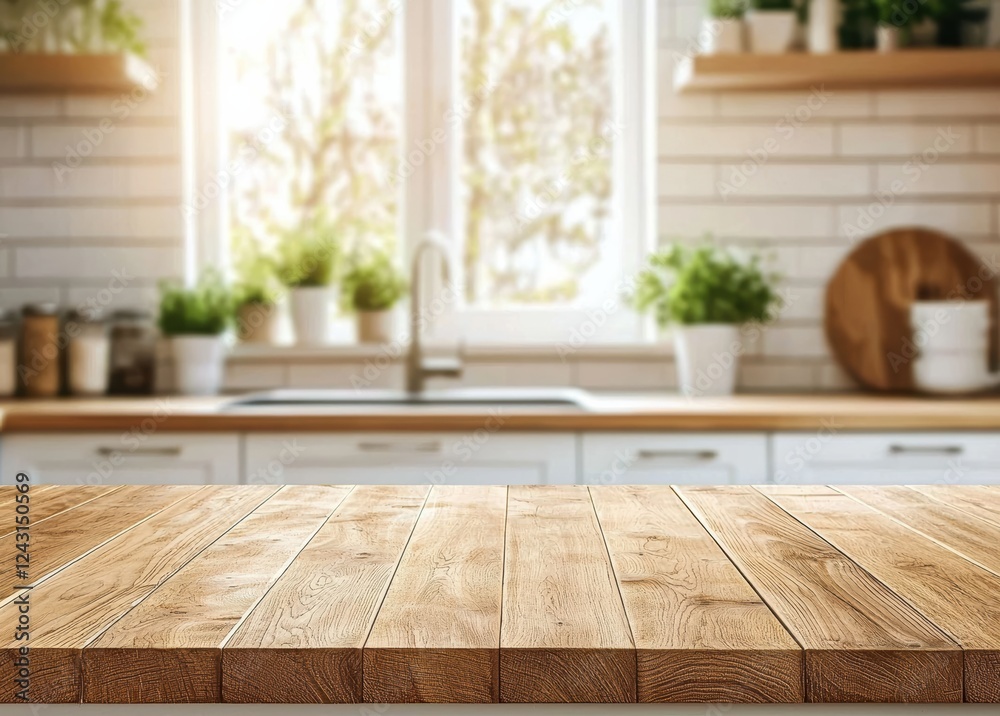 Poster empty wooden table top on blurred kitchen background for product display