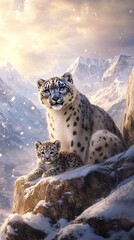 Fototapeta premium Snow leopards on rocky mountain peak