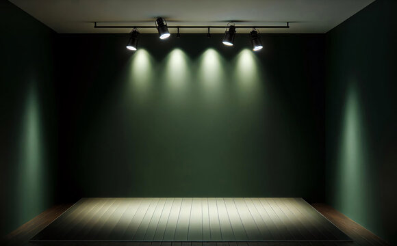 Dunkelgr&uuml;ner Hintergrund, minimalistischer Studioraum von Scheinwerfern beleuchtet, Spotlights