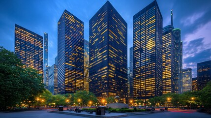 Fototapeta premium Cityscape view of illuminated modern skyscrapers in a downtown setting during dusk