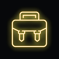 Bright yellow neon icon of a business briefcase is glowing on a black background