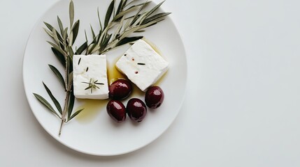 Minimalist arrangement of fresh olives and feta, Greece Independence Day.