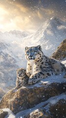 Fototapeta premium Majestic snow leopards in snowy mountains