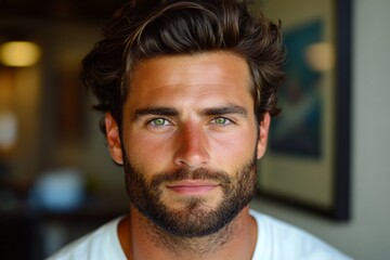 Obraz premium Close-up portrait of a confident man with a natural background