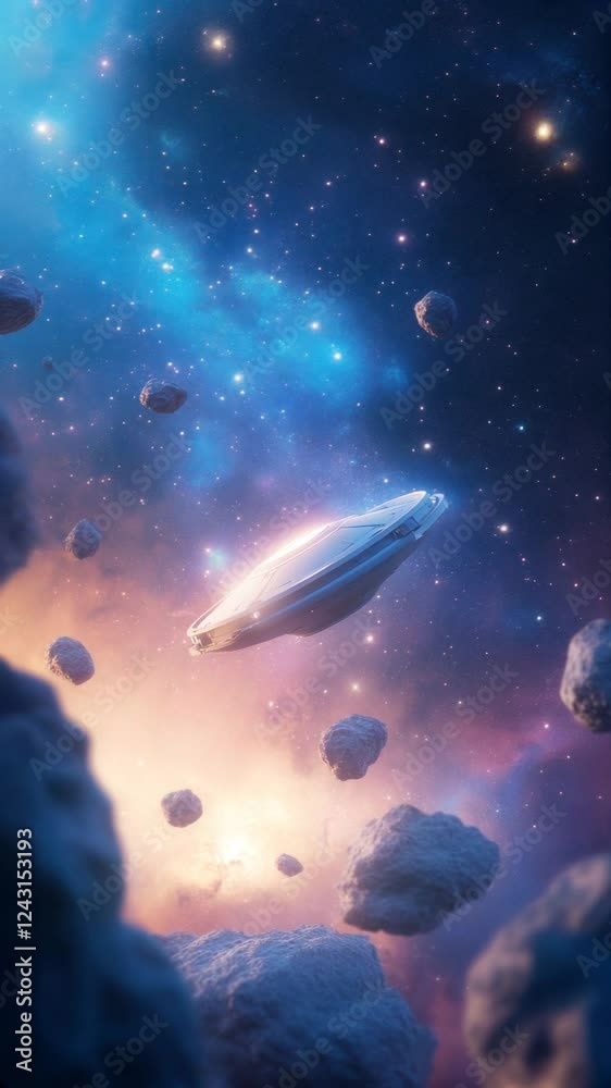 Poster vertical video of futuristic spaceship explores vibrant galaxy filled with cosmic nebulae and astero