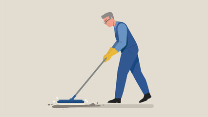 Obraz premium Senior Man Cleaning the Floor with Mop