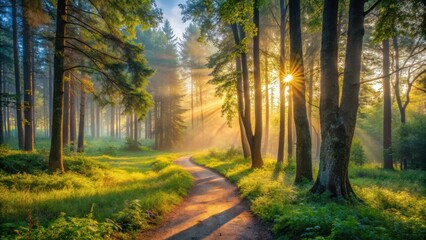 Naklejka premium Sunlit Path Through a Misty Forest at Dawn, Illuminating the Way with Golden Rays