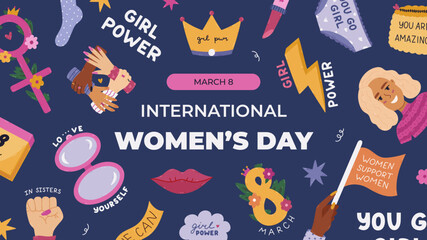 Horizontal dark and colourful banner for International Women s Day with women empowerment clipart and hand drawn typography. Greeting poster, website banner, social media post in trendy colors.