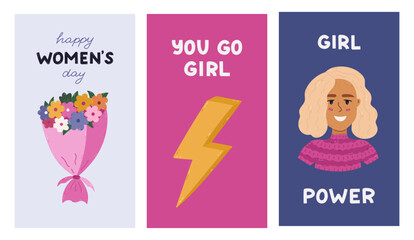 Lovely bright vertical stories set for International Women s Day with feminism slogans and girlish clipart. Holiday banner for social media with lady portrait, flower, lightning. Girl Power symbols.