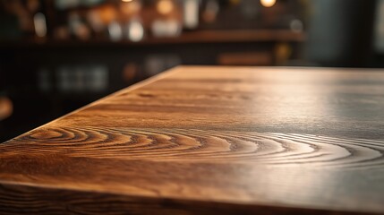 Empty wooden table top with blurred kitchen interior background