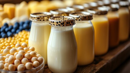 Assorted dairy products displayed in jars and bowls, showcasing a vibrant market scene with cheese