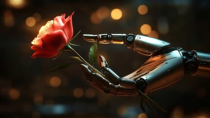 A robotic hand holds a virtual flower. The card is designed for Valentine's Day or International Women's Day and features artificial intelligence.