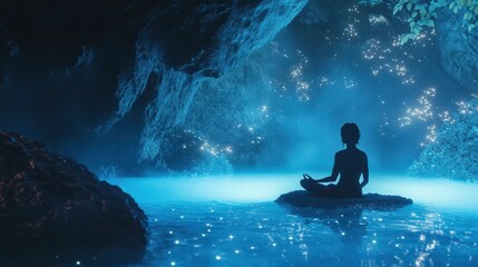 Obraz premium A serene moment of meditation in a magical blue cave by the water
