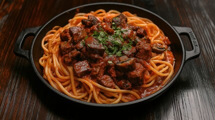 Noodles with meat and mushrooms in a black pan on a wooden table